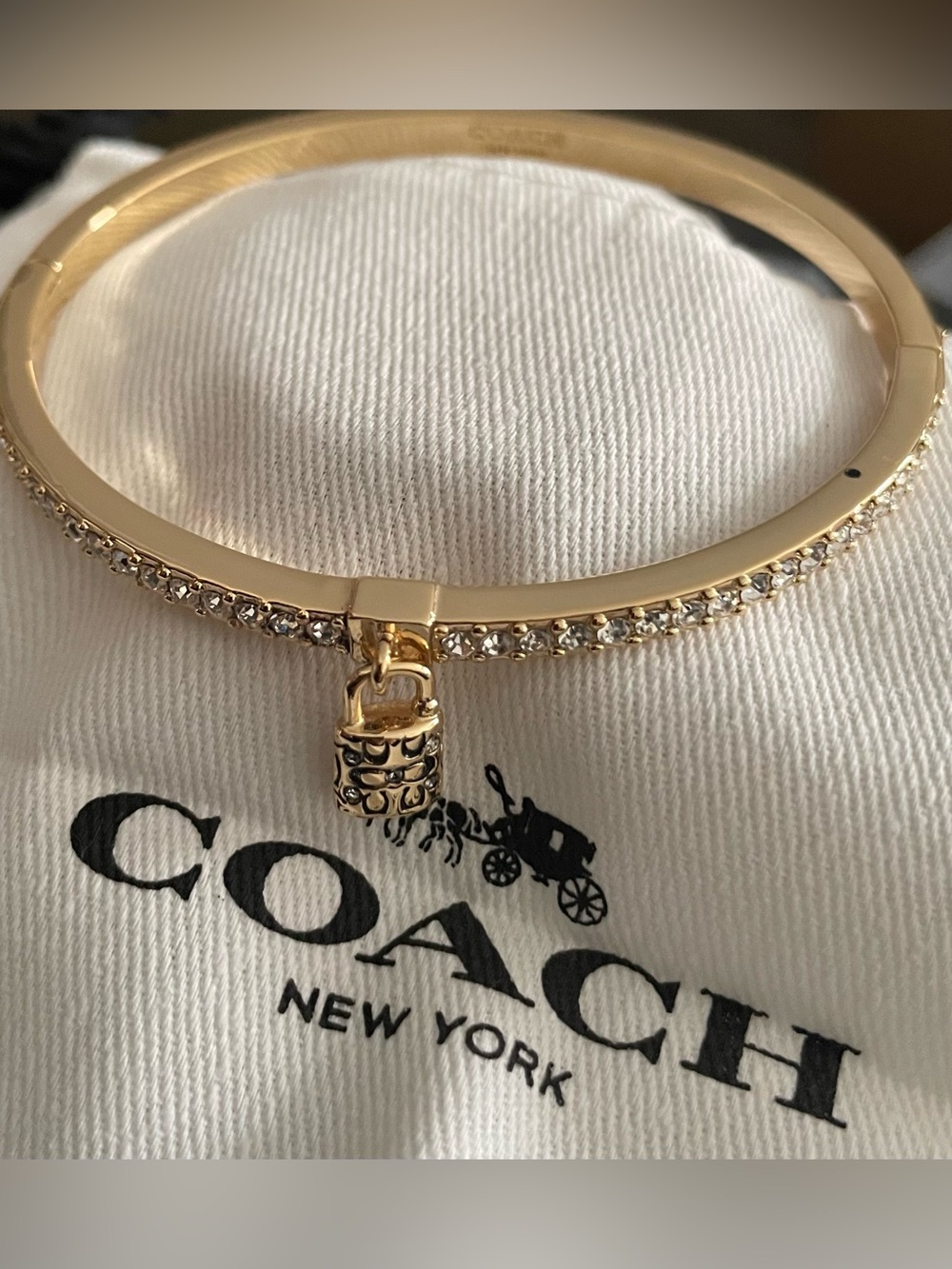 COACH Gold Pavé Lock Charm Bangle Bracelet